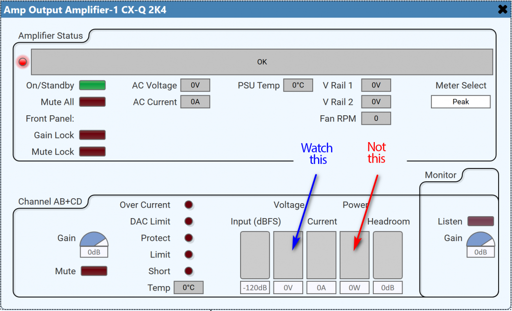 Figure 9 - Be sure to watch the voltage meter (blue arrow) not the power meter (red arrow) to stay within your loudspeaker's limits.